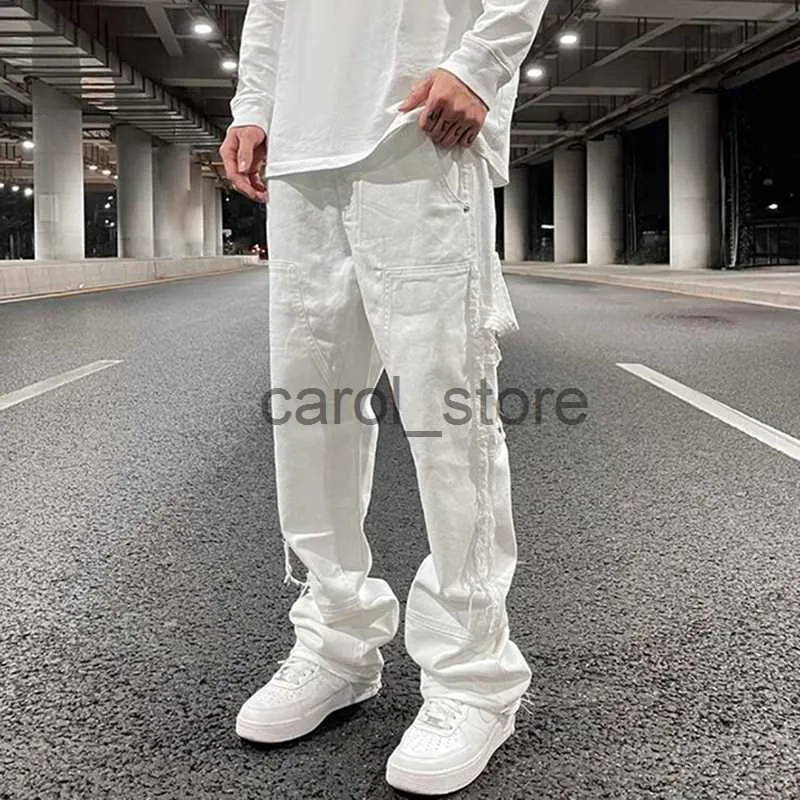 Мужские брюки в стиле хип-хоп, белые прямые рваные повседневные мужские джинсы, брюки с кисточками по обеим сторонам, широкие брюки, уличная одежда, джинсовые брюки большого размера J231208