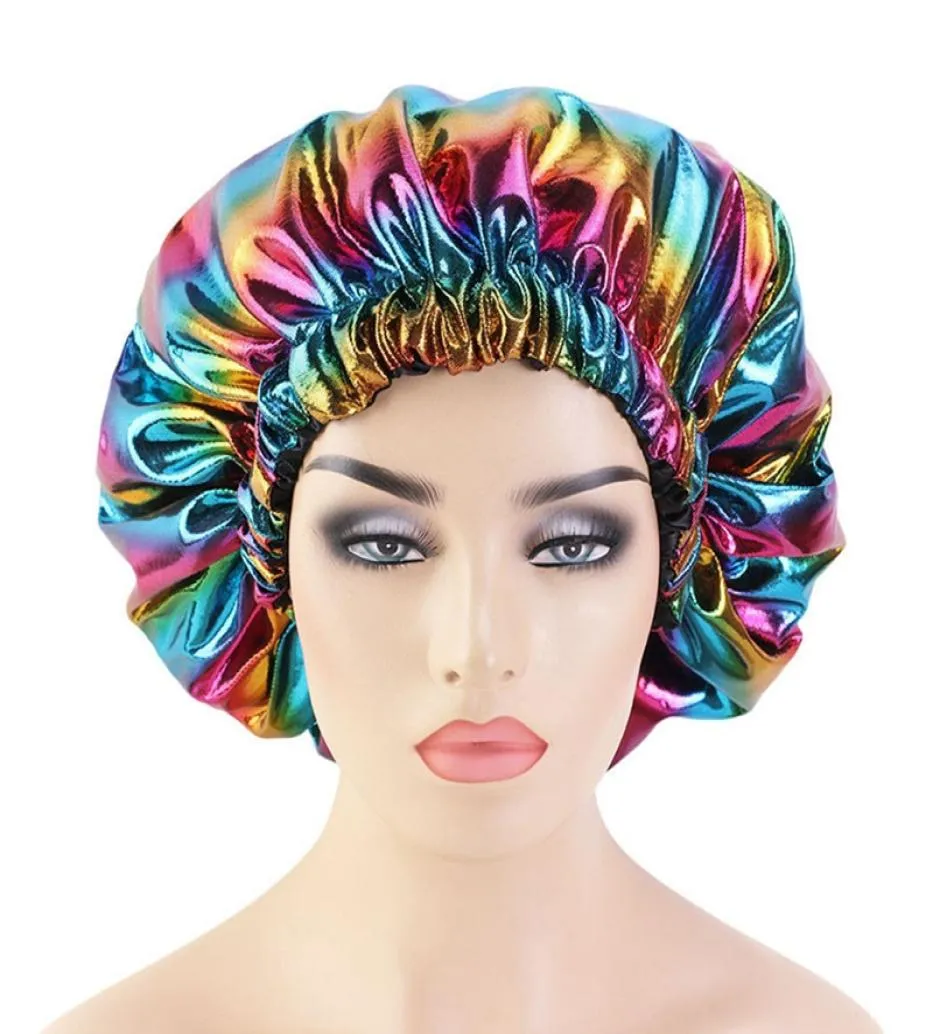 Touca feminina colorida de cetim para dormir, gorro de cabelo, cobertura de cabeça de seda, faixa elástica larga 1626061