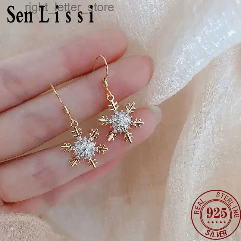 Stud Senlissi- Neue 925 Sterling Silber Weiße Schneeflocke Ohrstecker Zirkonia Schmuck Für Frauen Mode Weihnachten Ohrring Geschenk YQ231211