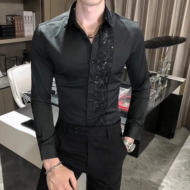 Camicia di design stile britannico scintillante patchwork di pizzo personalizzato abito da ping pong marca da uomo frac ultrasottile tinta unita abbigliamento super scenico 231211