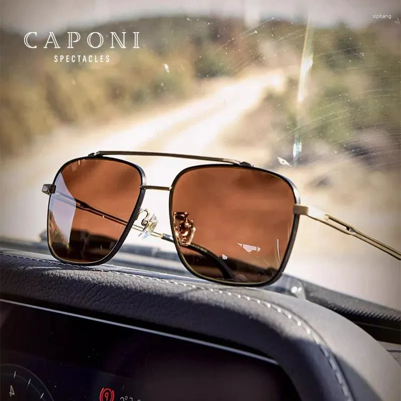 Sunglasses CAPONI Night Vision Men's Car Driving Square Pure Titanium Shades Polarized Pochromic UV400 Sun Glasses BSYS21028