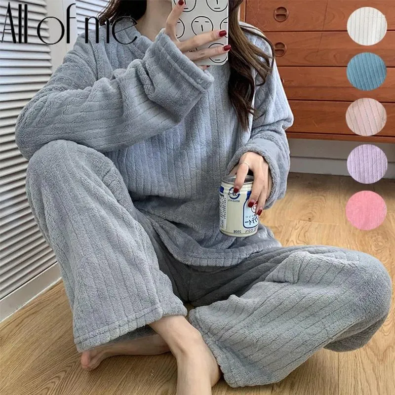 Dames Nachtkleding Winter Warm Dames Pyjama Set Flanel Homewear Sweatshirt Hoodies Dikke Vrouwelijke Pluche Pyjama Pak Effen Kleur