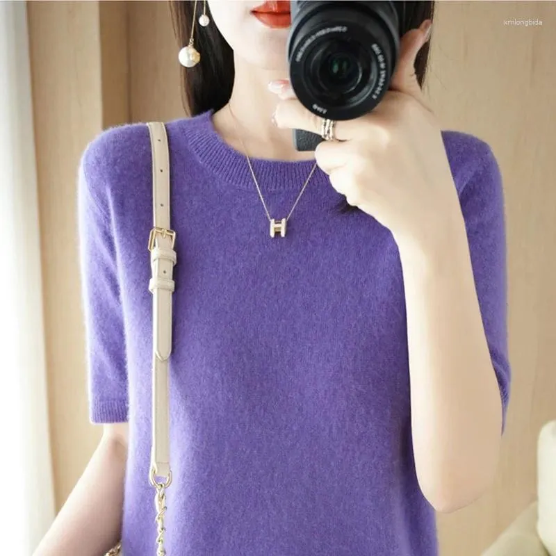 Kadın Sweaters İlkbahar Yaz Kısa Kollu Kadın Kore Moda Örgü Slim Fit Alt Gömlekler Sıradan O yakrabaklar Örgü Tops