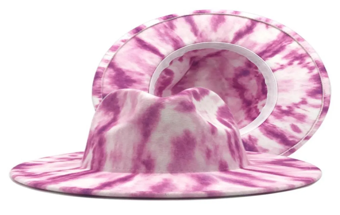 2021 New Fashion Double Side Tie Dye Tesa larga Feltro di lana Jazz Fedora Cappelli Gentleman Elegante Panama Trilby Caps Cappello a cilindro3148249