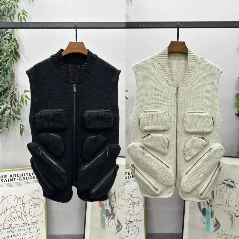 Gilets pour hommes automne et hiver vêtements de travail fonctionnels fermeture éclair 8 poches débardeur pull haut de gamme tricots de rue de poids élevé