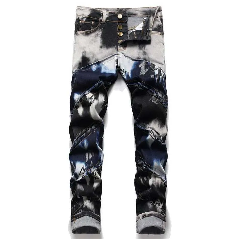 Jeans masculin automne hiver nouveau style euramerican marée mâle mosaïque jeans lettre imprimer pantalon crayon à taille moyenne pantalon de loisirs j231222