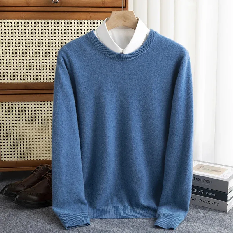 Herrtröjor 100% ren ulltröja Men Autumn Winter O-Neck Pullovers Business Casual Base Shirt Knit High-klass varm manlig jumper 231211