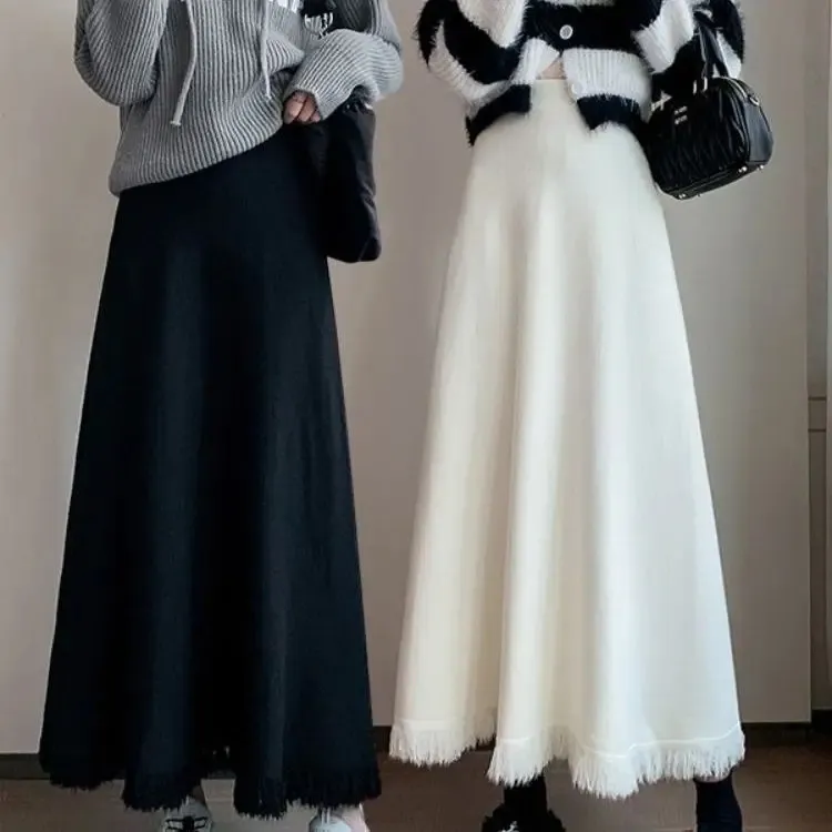 Jupes Taille haute longue jupe tricotée pour les femmes automne hiver chaud coréen Y2k Simple solide une ligne jupes élastique élégant Maxi jupe 231211