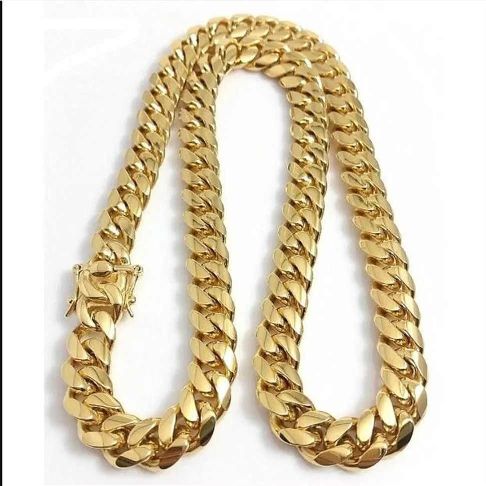 2023 Rostfritt stål smycken 18K Guldpläterad högpolerad Miami Cuban Link Halsband Men Punk 15mm Curb Chain Double Safety Clasp 263s