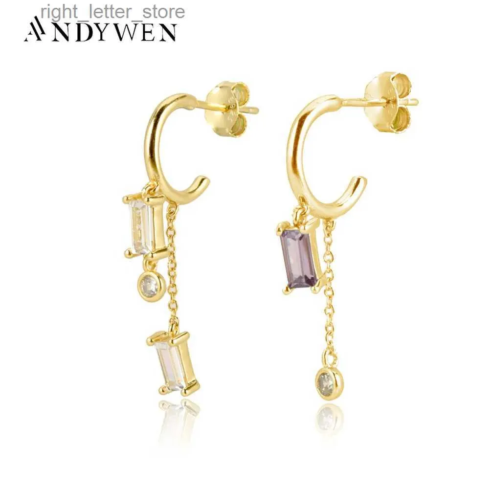 Stud Andywen 925 Sterling Silver Gold Purple Zircon Square Chain Drop Earring Luxury Piercing Rock Punk Oregelbundna fina smycken YQ231211