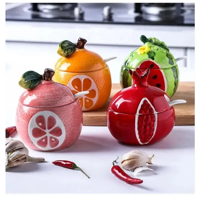 Vaisselle créative en céramique assaisonnement pot bouteille cuisine décoration supports fruits melon forme épices réservoir de stockage sucrier avec couvercle cuillère