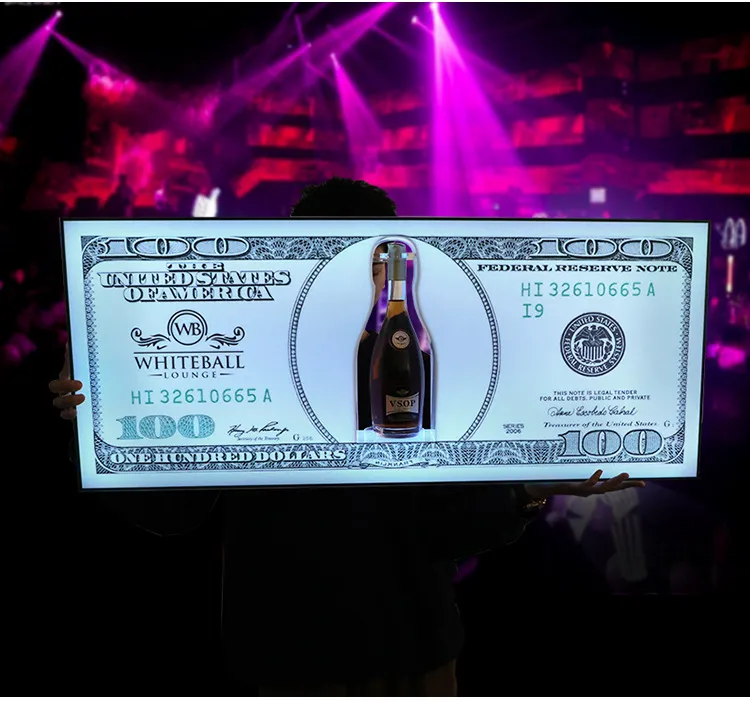 Nightclub Bar LED Glowing US Dollar Meddelanden Board Sign Sign Liquor VIP Wine Bottle Display Holder Stand Glorifier Service Presentatör