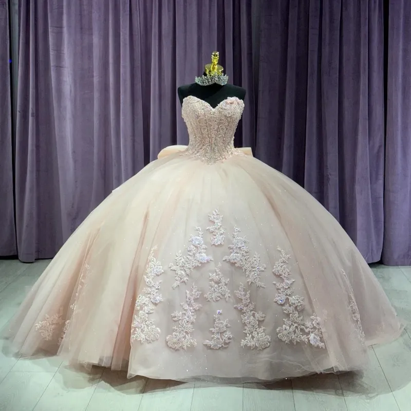 Vestidos de quinceañera brillantes color champán, vestido de baile con hombros descubiertos, 16 vestidos dulces, apliques de cuentas, vestidos de fiesta de cumpleaños de encaje 2024