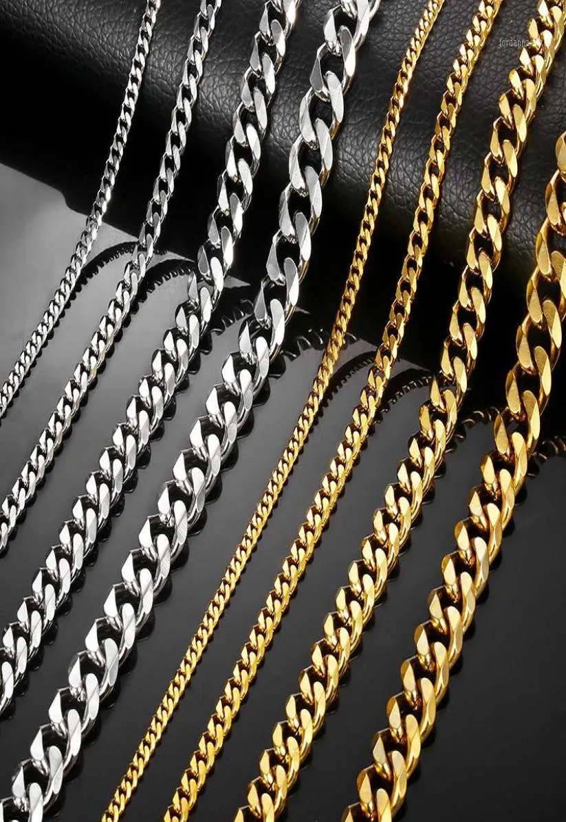 Ожерелья для мужчин и женщин, серебро, черное золото, нержавеющая сталь, бордюрные кубинские цепочки, мужское ожерелье, цельные украшения 357911 мм LKNM0814644469
