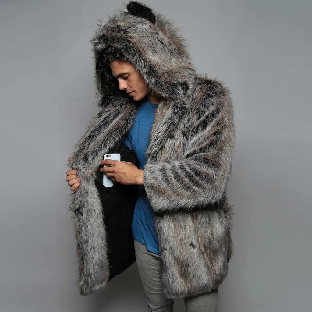 Mens Faux Fur Hoodie Long Plush Fleece Fur Jacket Winter Leisure