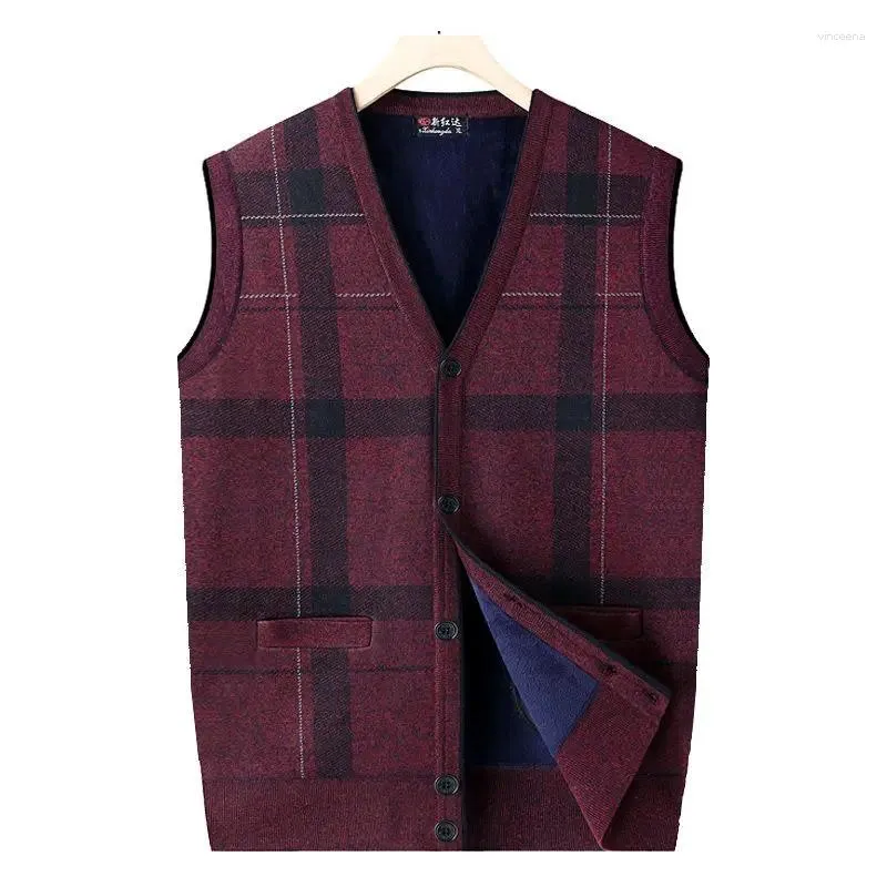 Men's Vests 2024 Men Autumn Winter Fashion Sweater Cardigan Vest Male Warm V-neck Knitted Waistcoat Plaid Sleeveless Jackets D665