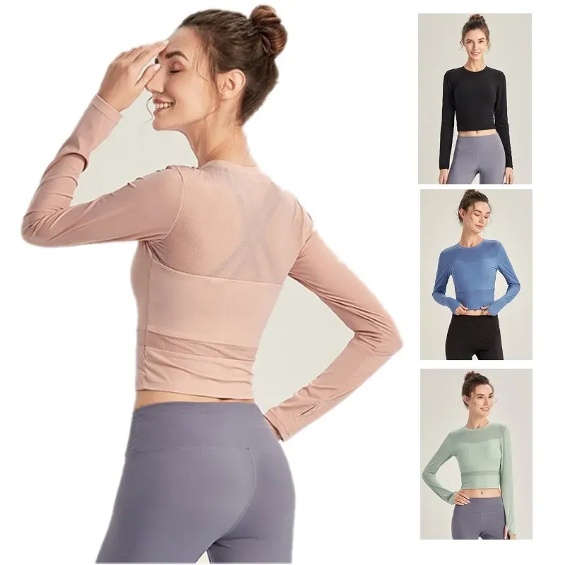 Sports tops for Women's long-sleeved yoga outfits solid sunscreen color breathable fitness clothes The netting showed its navel round neck running gym tops