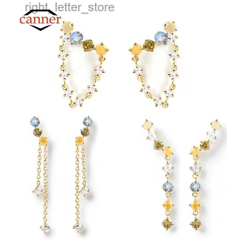 Stud Canner Colorful Zircon 925 Sterling Silver 18K Gold Plating Piercing Stud Chain Earrings For Women Fine Jewelry Pendientes Gift YQ231211