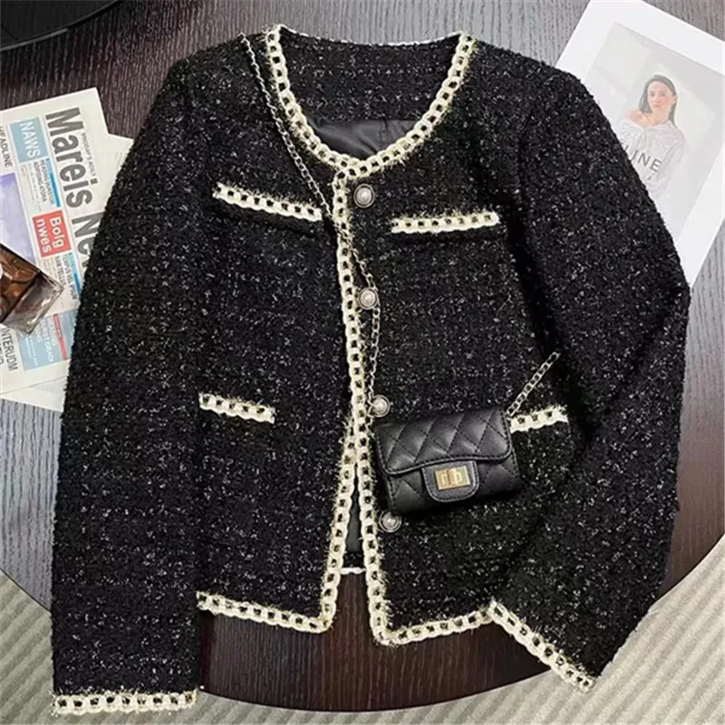 Women's Wool Blends Black Short Small Fragrance Jacket Women Coat Tweed Gold Thread Woven Overwear Casual Suit Jackets Female Spring Autumn 231211