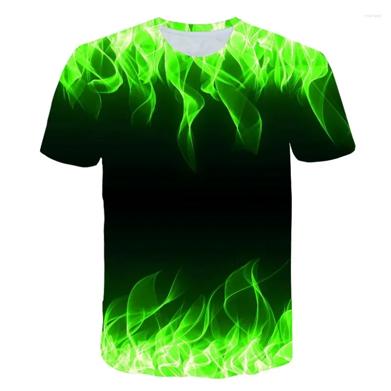 Herr t-skjortor som säljer grön flamma t-shirt sommar mode cool spöke eld 3d tryckt hip-hop personlighet kortärmad skjorta