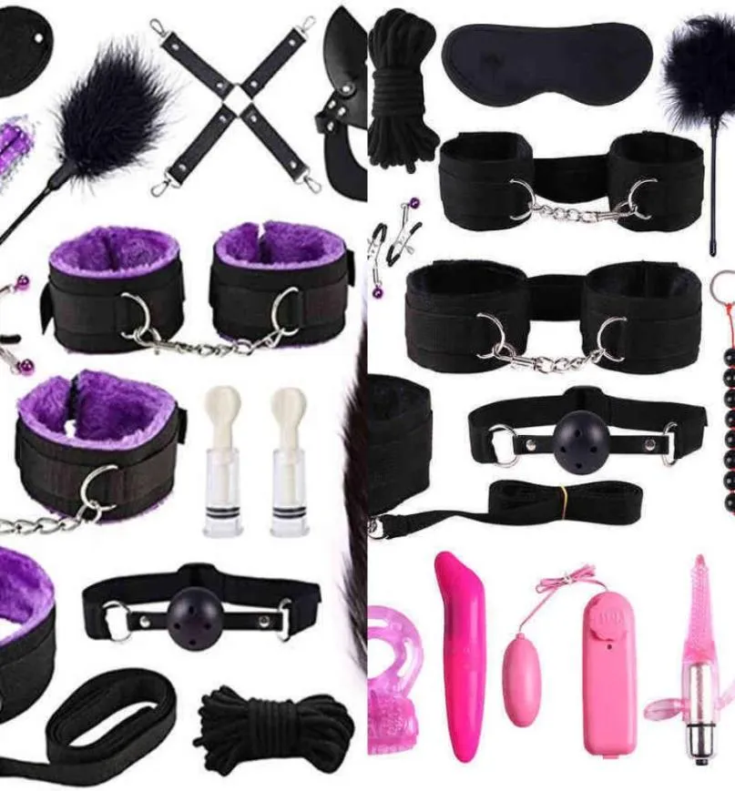 Nxy sm bondage bdsm kits adultos brinquedos sexuais para mulheres homens algemas grampos de mamilo chicote palmada metal anal plug vibrador conjunto de bunda 1221955330