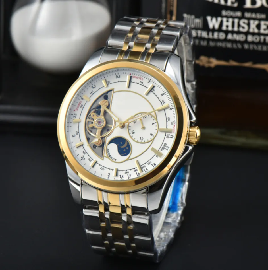 Relojes para hombre Diseñador de marca Moda Mecánico Reloj de lujo automático Acero inoxidable Correa de cuero Fecha del día Movimiento de fase lunar Relojes de pulsera para hombres Regalo