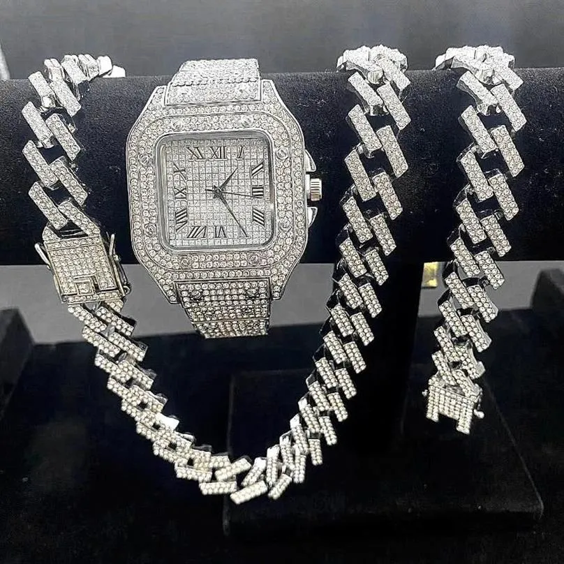 Zegarek 3pcs mrożone zegarki dla mężczyzn złoty zegarek kwarc 15 mm kubańskie łańcuchy łańcuchy bransoletki Naszyjki Diamentowe biżuteria Man EnloJ275z