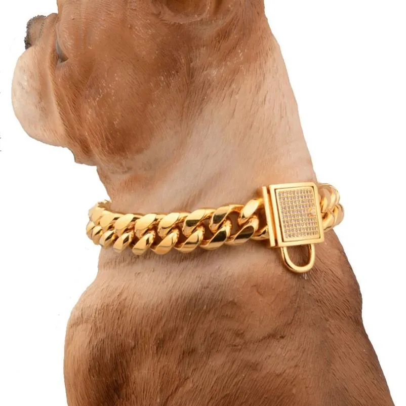 14mm forte ouro aço inoxidável fivela de bloqueio cães treinamento choke coleiras para cães grandes pitbull deslizamento cão colar228r