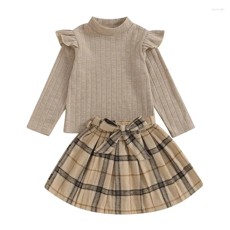 Set di abbigliamento Bambino Neonata Completo con volant Manica lunga Felpa lavorata a maglia Camicia Top Abito scozzese Gonna Set Abiti autunno inverno