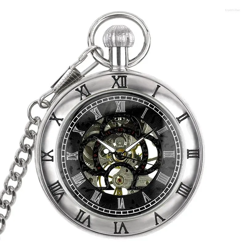Pocket Watches Antique Style Double Roman Number Diail Silver Tone Case Men's Hand Wind Mechanical Watch With FOB Chain Nice Xmas Gift