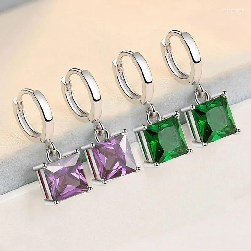Серьги-гвоздики из стерлингового серебра 925 пробы, классический кристалл, фиолетовый, зеленый, квадратный, CZ, висячий камень, кубический цирконий, куб Brinco