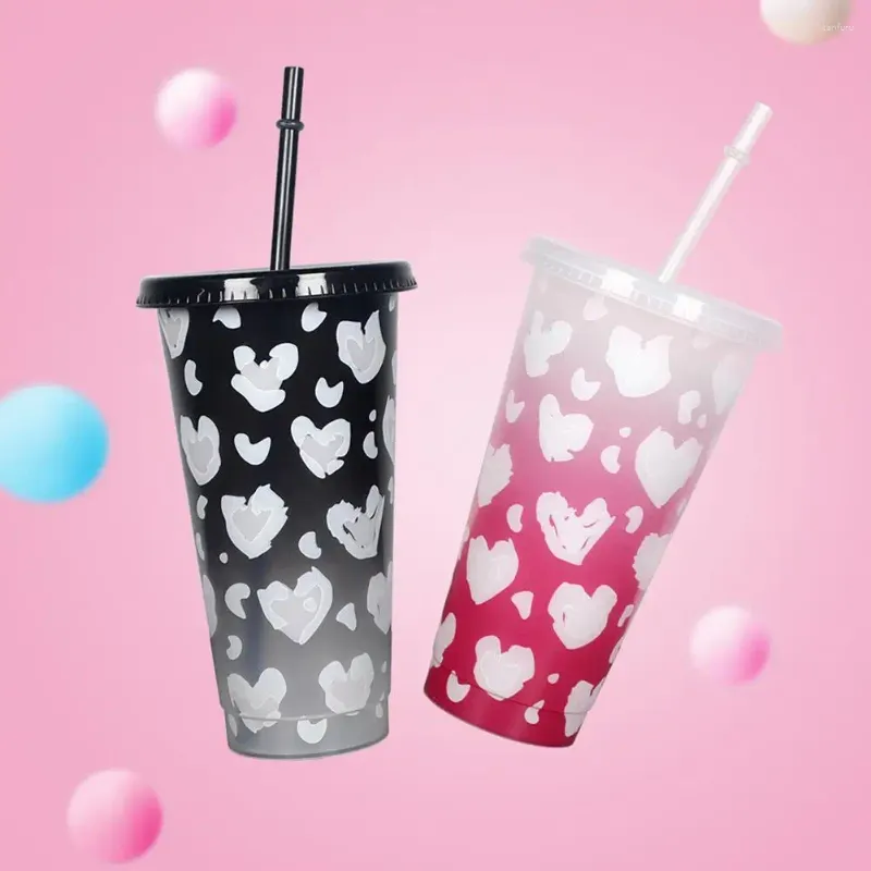 Gobelets à changement de couleur, tasse de paille antidérapante, ensemble de tasses à changement de couleur de 710ml avec porte-clés à motif de cœur pour la saint-valentin