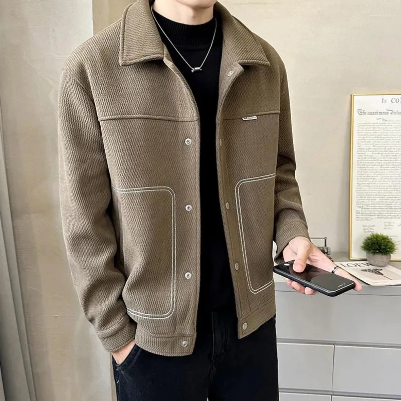 Men's Jackets Jacket Splied Lapel Long Sleeve Pockets Button Woolen Streetwear Fashion Casual Slim Male Thick Coats