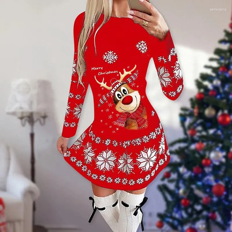 Повседневные платья, женское рождественское мини-платье, осень-зима, с длинным рукавом и круглым вырезом, модная элегантная тонкая женская одежда трапециевидной формы