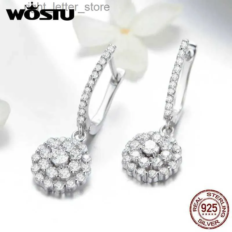 Stud Wostu Gerçek 925 Sterling Silver Klasik Yuvarlak Damla Küpeler Kübik Zirkonya Kadın Lüks Küpe Takı Hediye FIE517 YQ231211