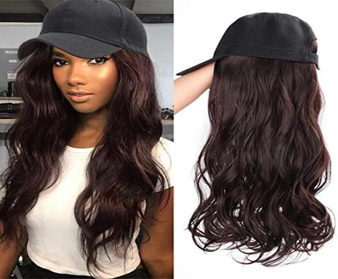 2019 casquette de baseball avec extension de cheveux synthétiques brun noir gris extension de cheveux longs bouclés avec casquette de baseball femme Wig9847067