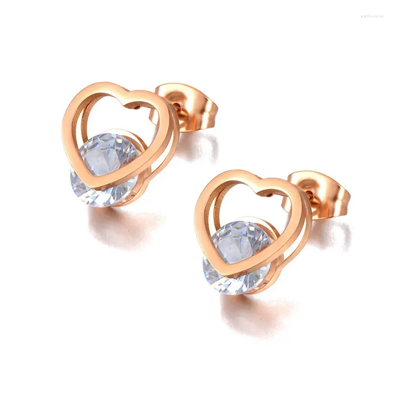 Ensemble de collier et boucles d'oreilles en zircone cubique pour femme, pendentif en forme de cœur, couleur or Rose, bijoux en acier inoxydable