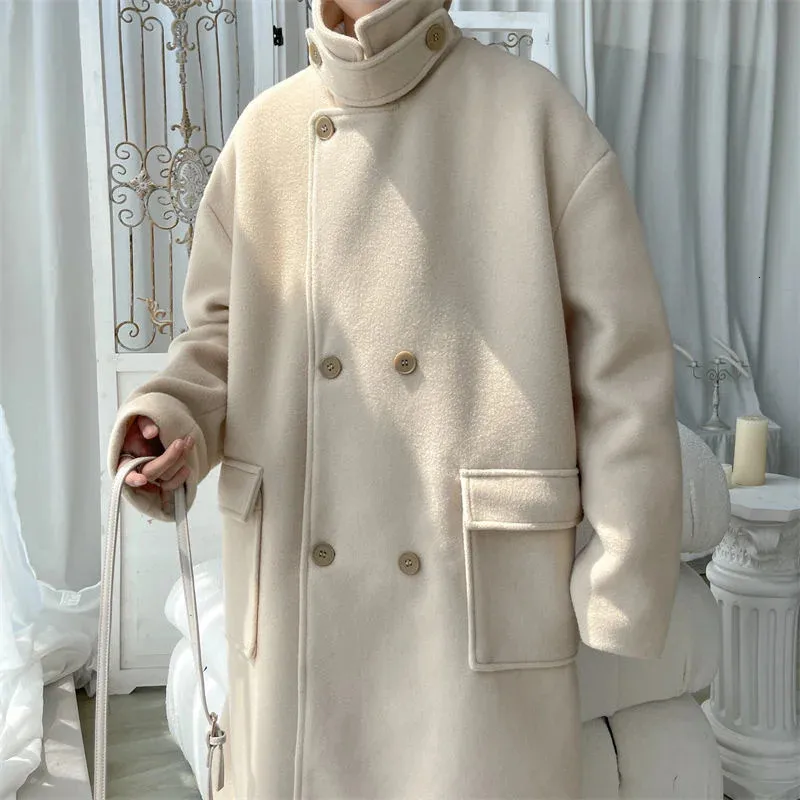 남자 양모 블렌드 겨울 더블 가슴 모직 코트 남성 따뜻한 패션 캐주얼 한국의 느슨한 대형 트렌치 S과 코트 231211