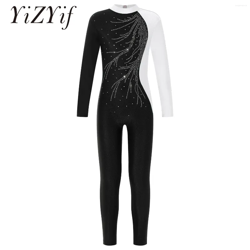 Stage Wear Ballet Dance Jumpsuit Gymnastics Leotard For Girls Kids Long Sleeve Rhinestone Full Body Unitard Workout Bodysuit Dancewear