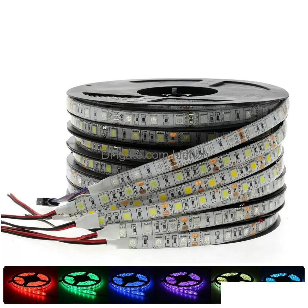 Led Strips High Birght 5M 5050 2835 Light Warm Pure White Red Green Rgb Flexible Roll 300 Leds 12V Outdoor Ribbon Drop Delivery Ligh Dhzse