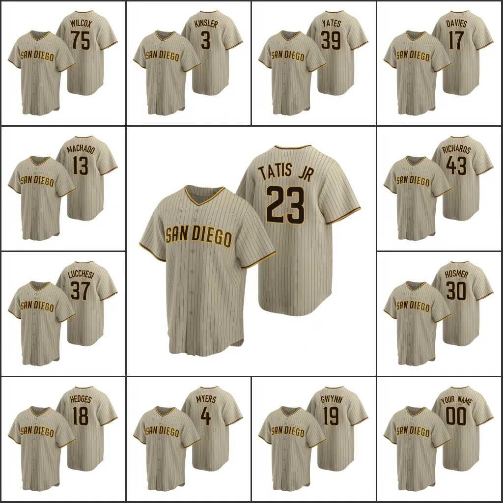 San Diego''Padres Männer 13 Manny Machado 23 Fernando Tatis Jr. 19 Tony Gwynn Benutzerdefiniertes Damen-Jugend-Sandbraun-Replika-Alternativtrikot