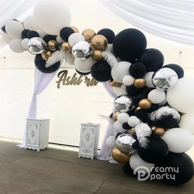 100 stuks Latex Wit Zwart Ballonnen Boog Kit Metallic Goud Ballon Slinger Bruiloft Verjaardag Verjaardagsfeestje Decoraties Set F1230232n