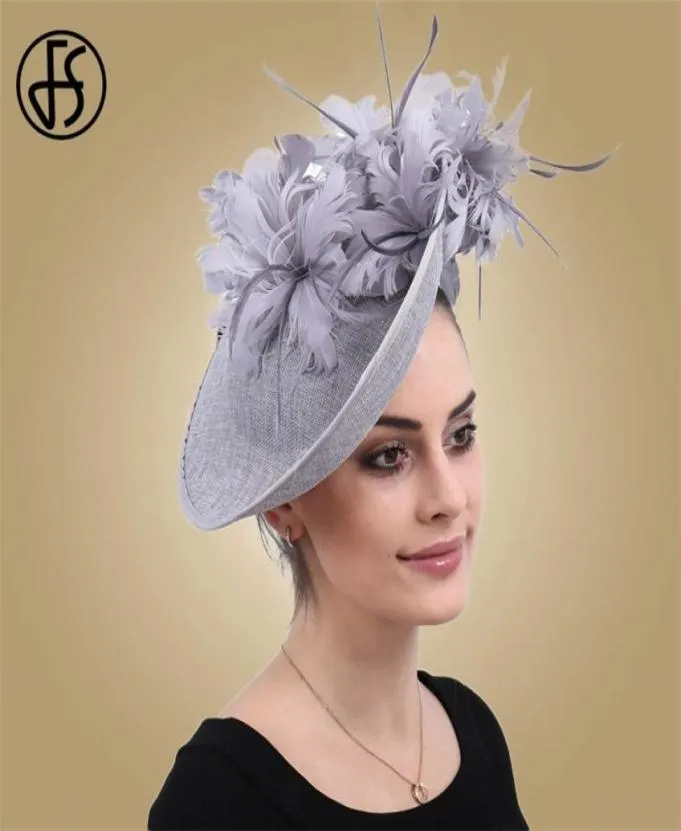 FS Fascinators Серая шляпа Sinamay с перьями Fedora для женщин Дерби Коктейльная вечеринка Свадебные женские церковные шляпы 2208131768810