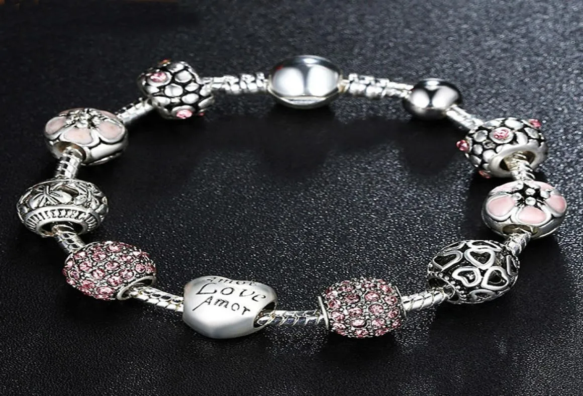 Antiker Charm-Armreif aus 925er Silber mit Liebe und Blumen-Kristallkugel für Frauen, Hochzeit, PA14554270835