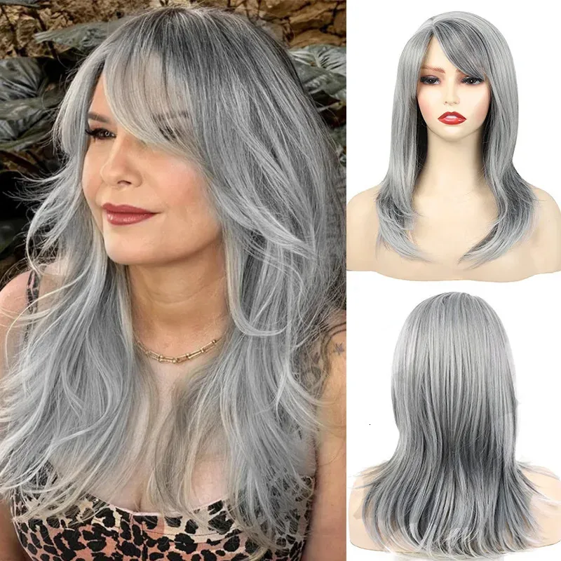 Parrucche Cosplay Parrucca White Lady frangia diagonale Argento grigio marrone a strati capelli lunghi ricci fibra chimica copertura completa della testa sintetica 231211