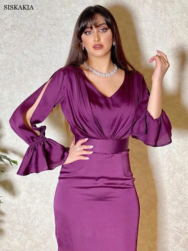 Elegant Purple Satin Maxi Dress Womens Muslim Evening Gown