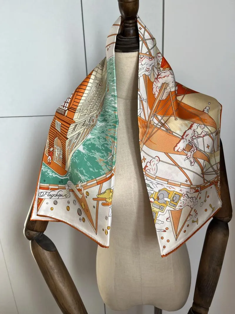 Szaliki 2023 Modna pomarańczowa podwójna druk jedwabny Scarf 90 cm Square Shawl Twill Wrap dla kobiet Lady Hijab