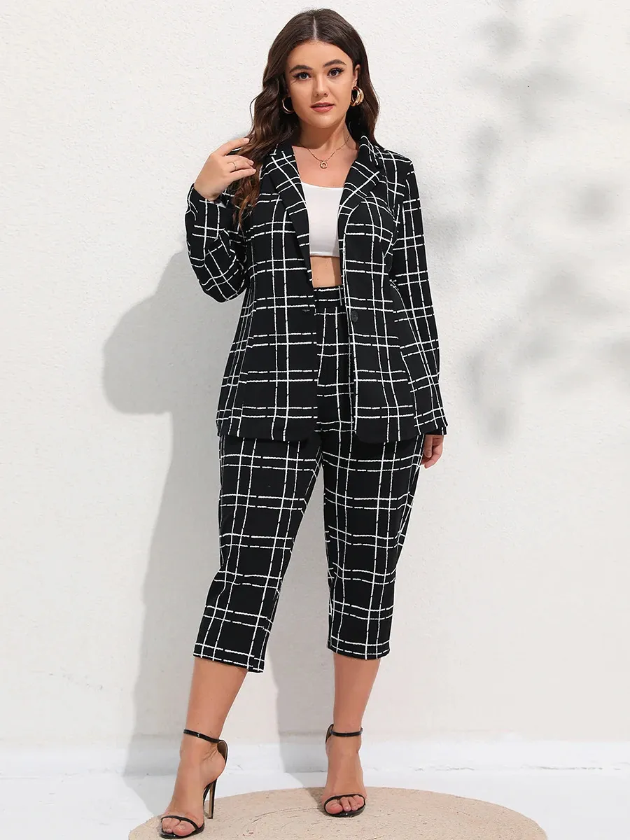 Women's Suits Blazers Finjani Plus Size Women Blazers Plaid Button Front Suit Sets Casual Blazer Cropped Pants Autumn And Winter Clothing 231211