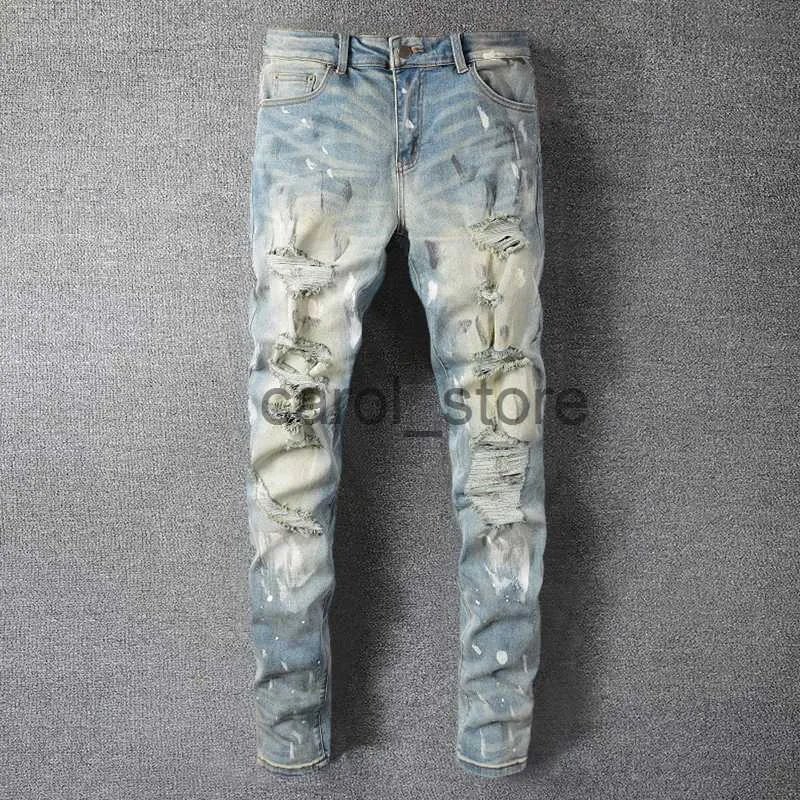 Męskie spodnie Wysokiej jakości atrament platforma Patchwork Raped Hole Design Elastyczne dżins