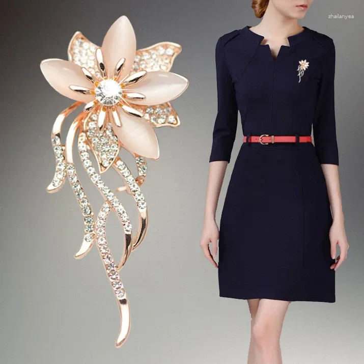 Brooches OneckOha Fashionable Opal Stone Flower Brooch Pin Women Garment Accessories Jewelry Rhinestone